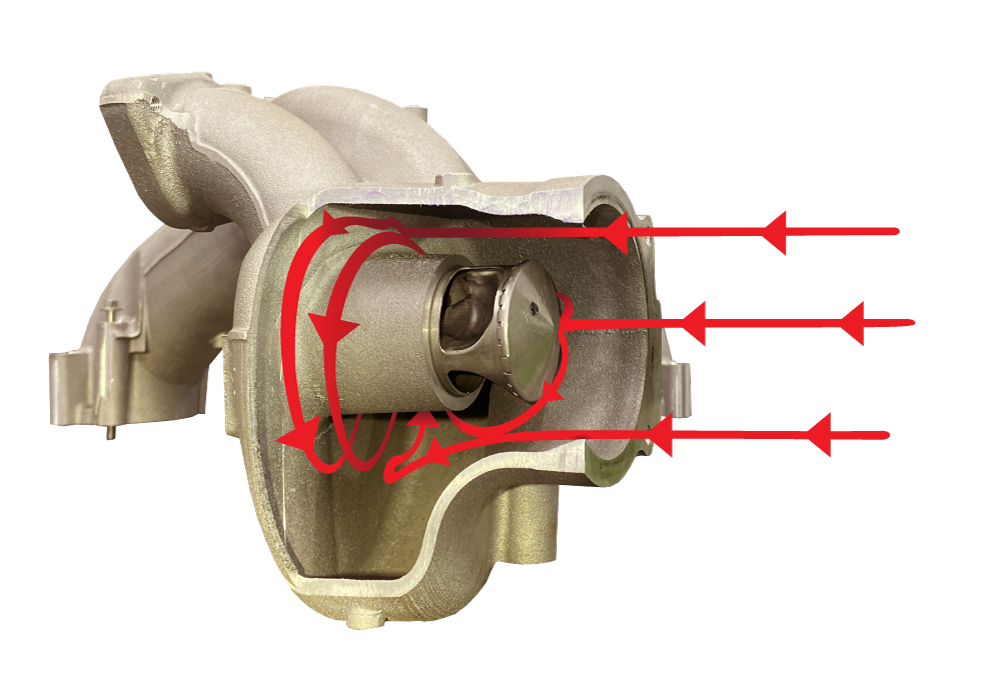 The stock airflow path faces immediate blocks, disrupting airflow and forcing it nearly 90 degrees to the original flow path